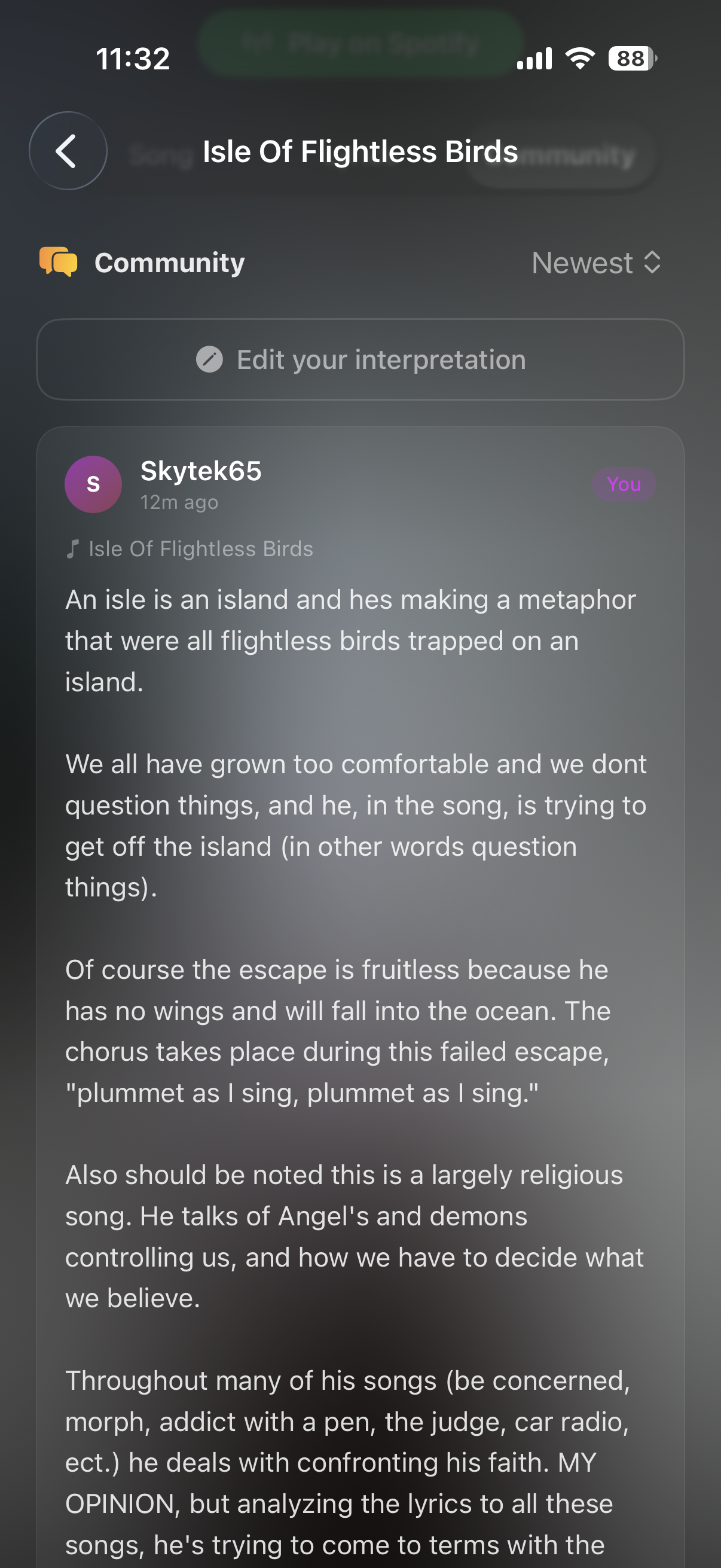 SongLore community screen with song interpretations and user profiles